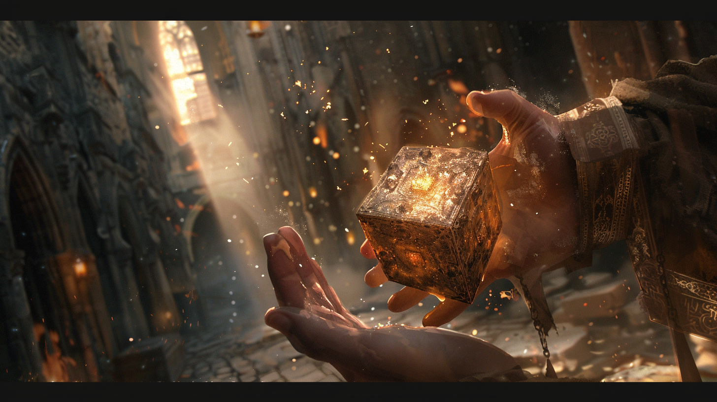 Cubo Prisbérion luminoso nas mãos de seu portador.