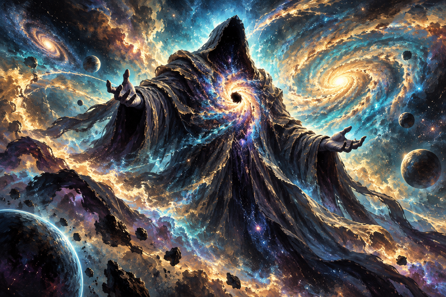 Divindade cósmica cercada por mundos e energia primordial.