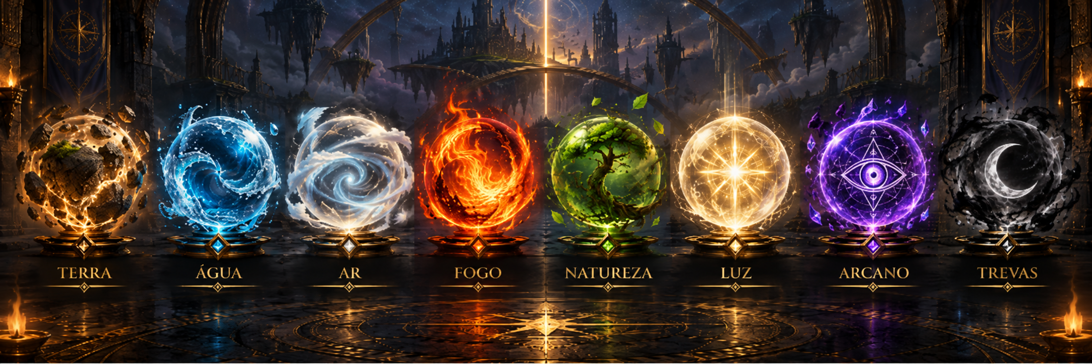 As oito esferas elementais de Prisbérion: Terra, Água, Ar, Fogo, Natureza, Luz, Arcano e Trevas